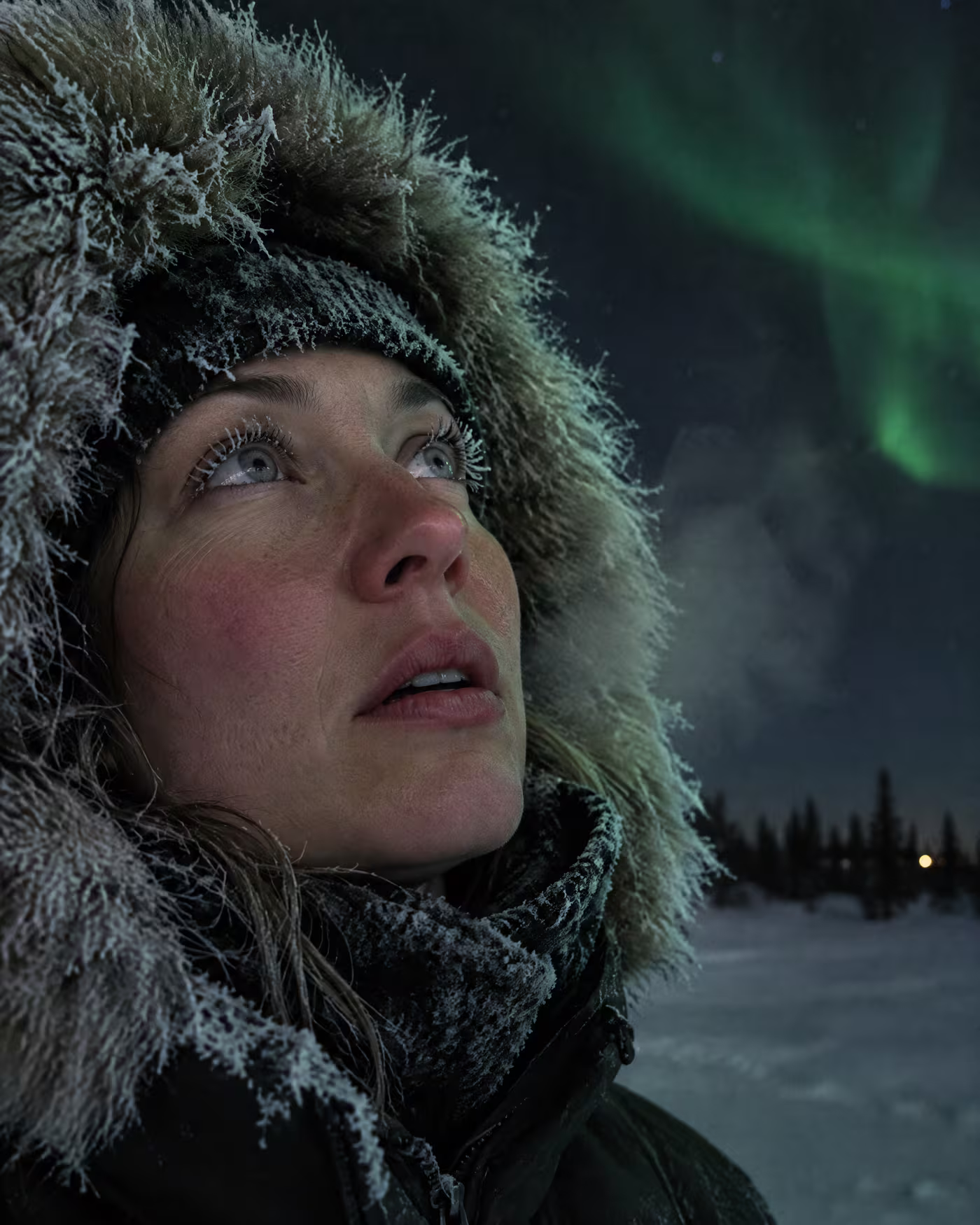 A traveller with frost on her eyelashes and parka hood looking up at the aurora