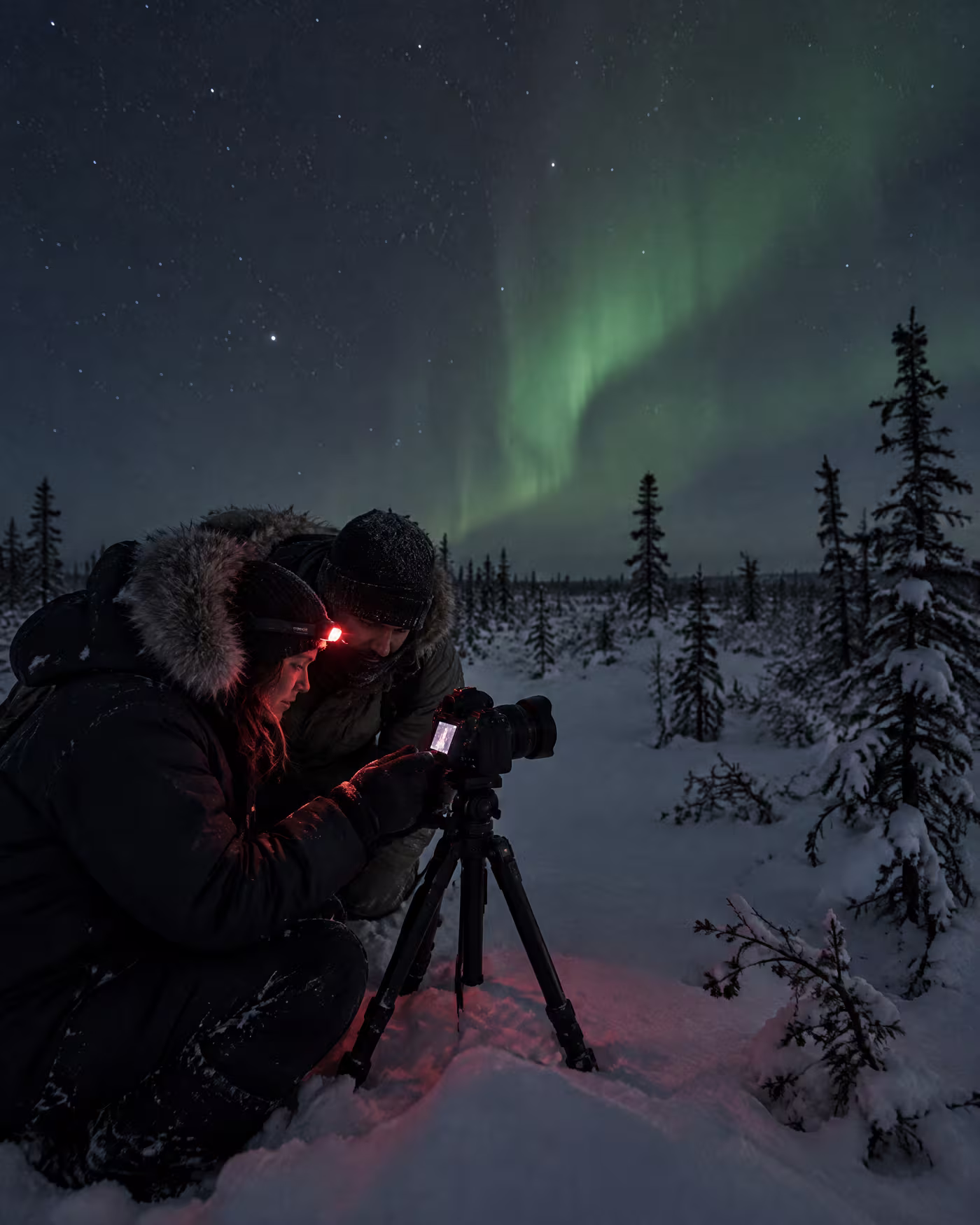 A guide with a red headlamp setting up a guest's camera on a tripod in deep snow