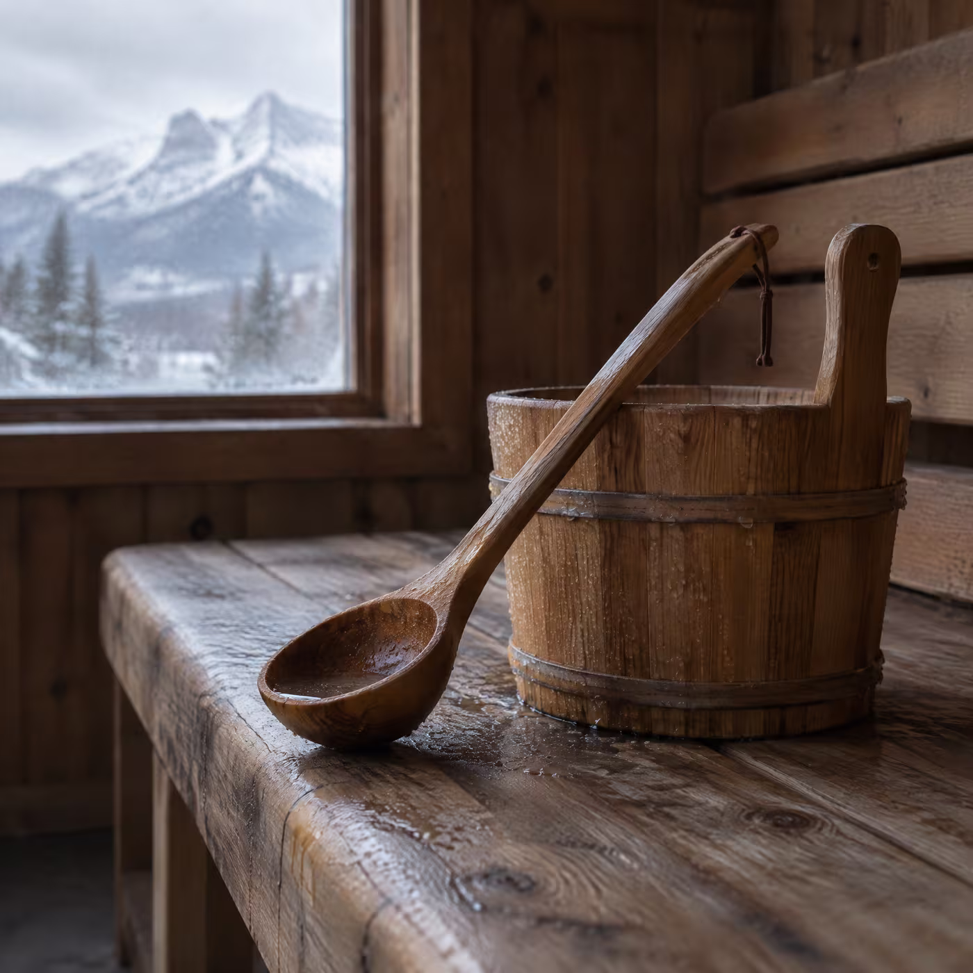 A cedar bucket and wooden ladle on a worn sauna bench beaded with steam