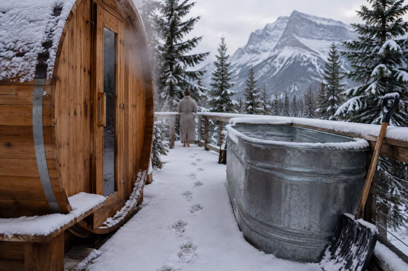 Footprints in fresh snow on the path between a barrel sauna and the plunge tank