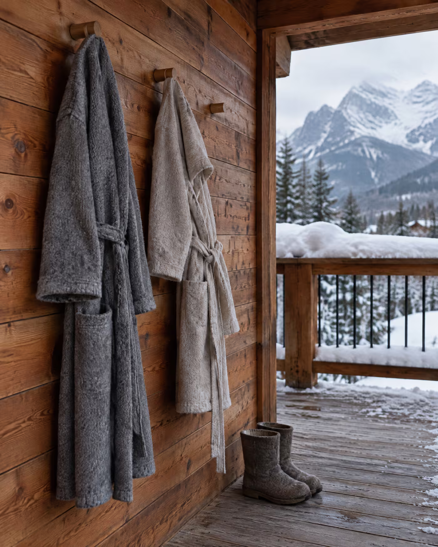 Grey and oatmeal wool robes hanging on pegs along a cedar wall