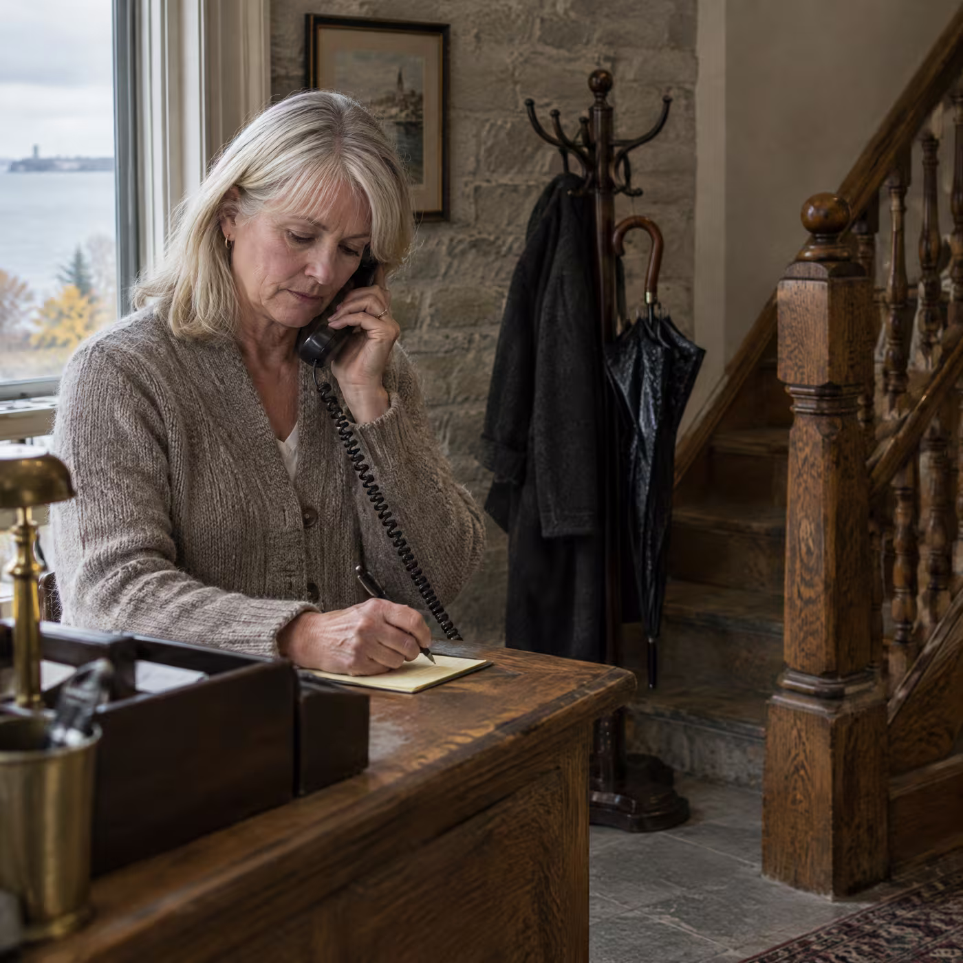 Colleen Mahar on the phone at the front desk beside an oak staircase