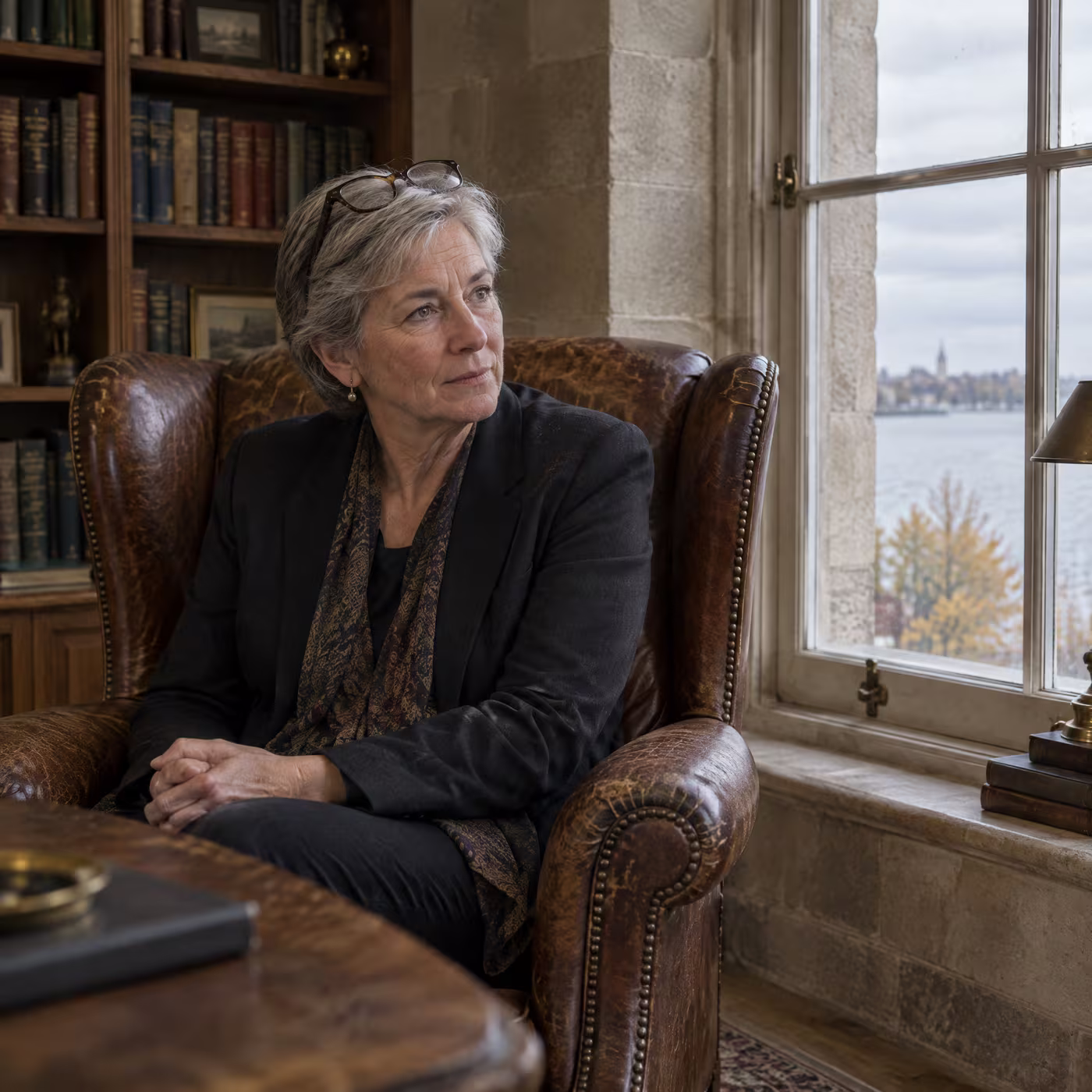 Ruth Carrow listening from a leather wingback chair beside a tall sash window