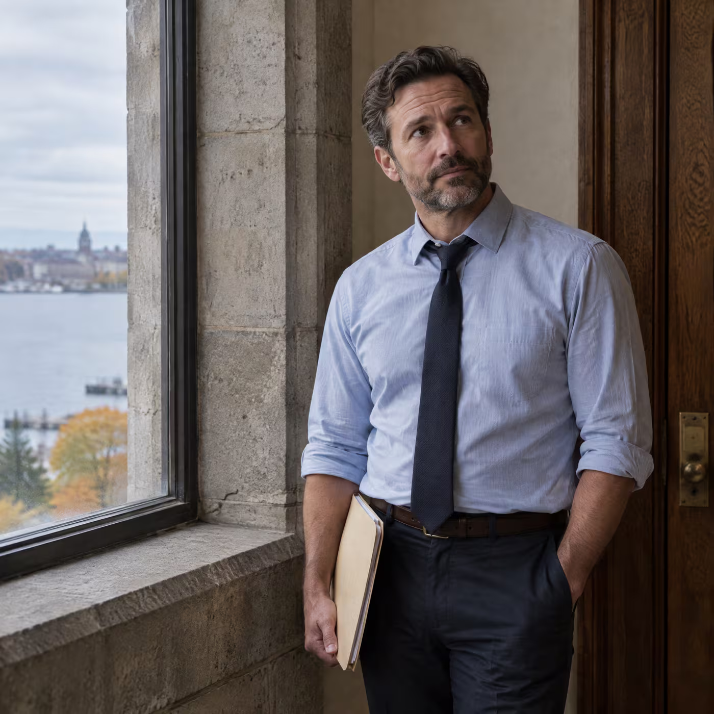 Theo Lindqvist holding a manila folder by a deep-set limestone window