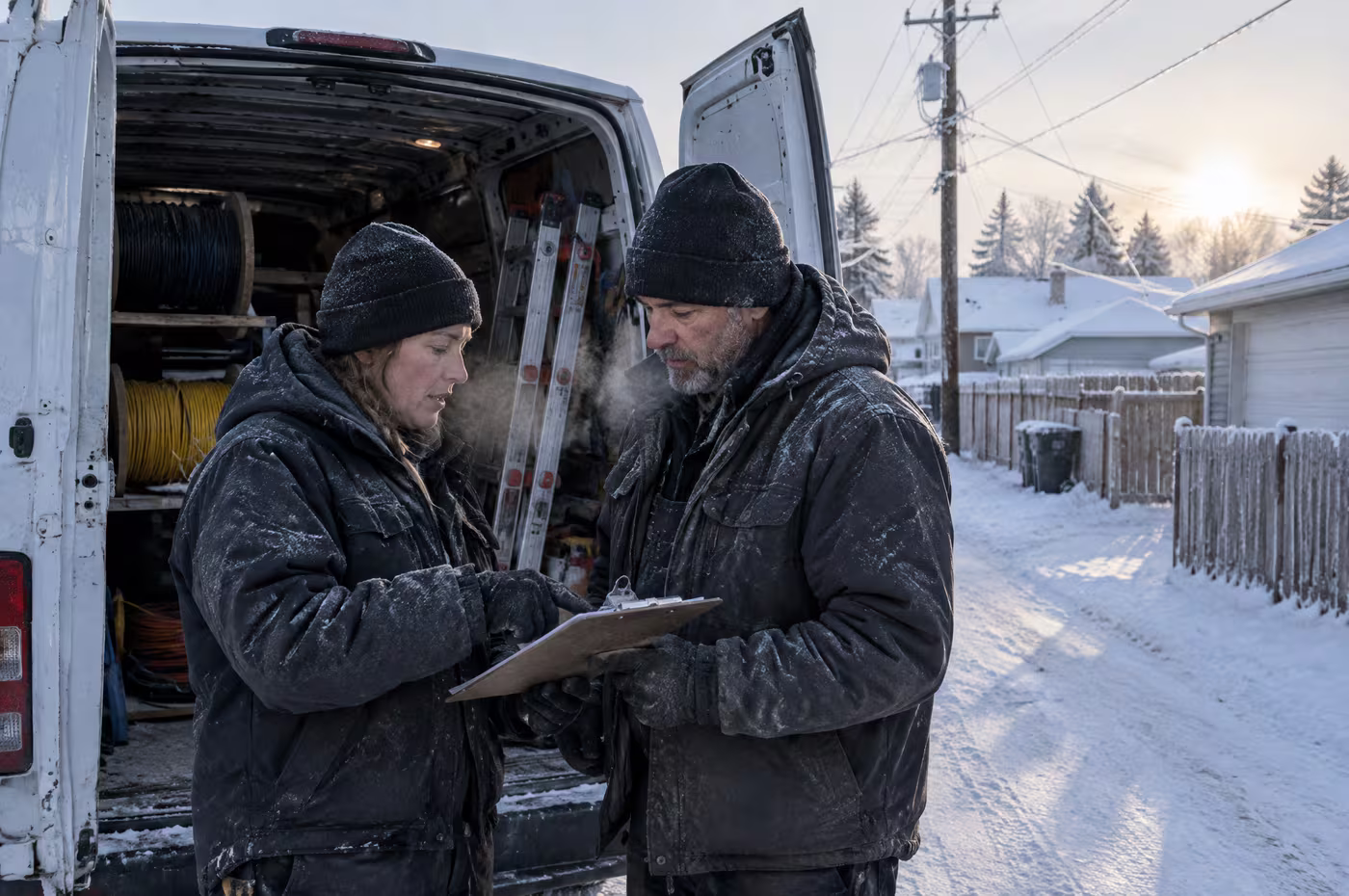 Two electricians in toques talking over a clipboard at the open doors of a white van in a snowy back alley