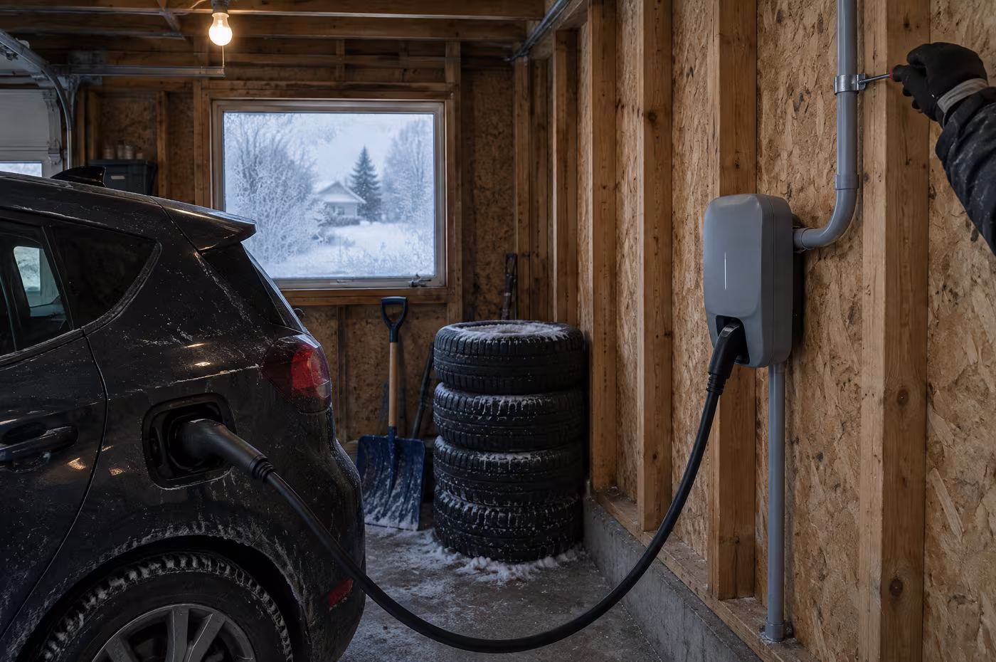 A grey wall-mounted charger plugged into a small hatchback in a detached garage with frost on the window