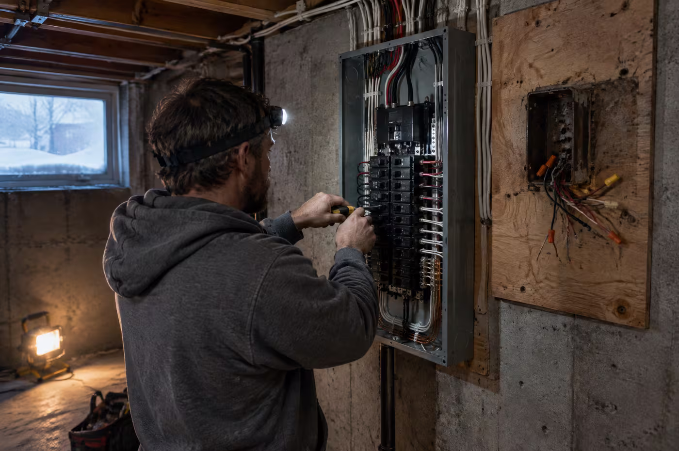 An electrician in a headlamp landing wires in a new breaker panel beside the removed fuse box in a concrete basement
