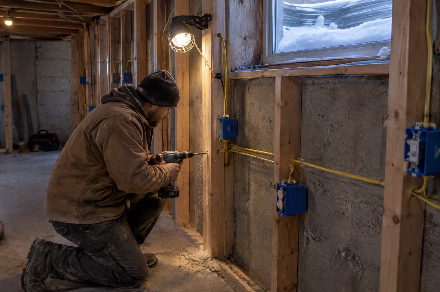 An electrician drilling through a stud in an open basement frame strung with yellow cable and blue boxes