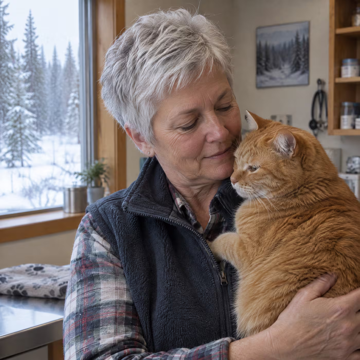 Dr. Anneke Visser holding an orange cat against her shoulder in an exam room