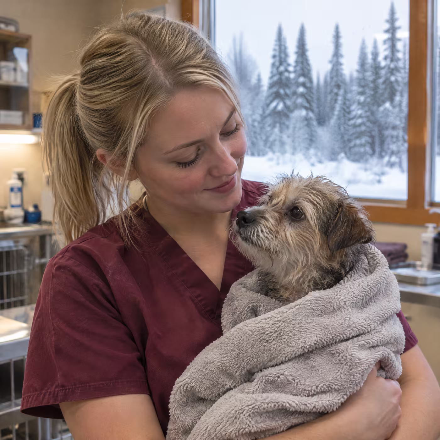 Technologist Kaylee Dumont cradling a small terrier wrapped in a towel