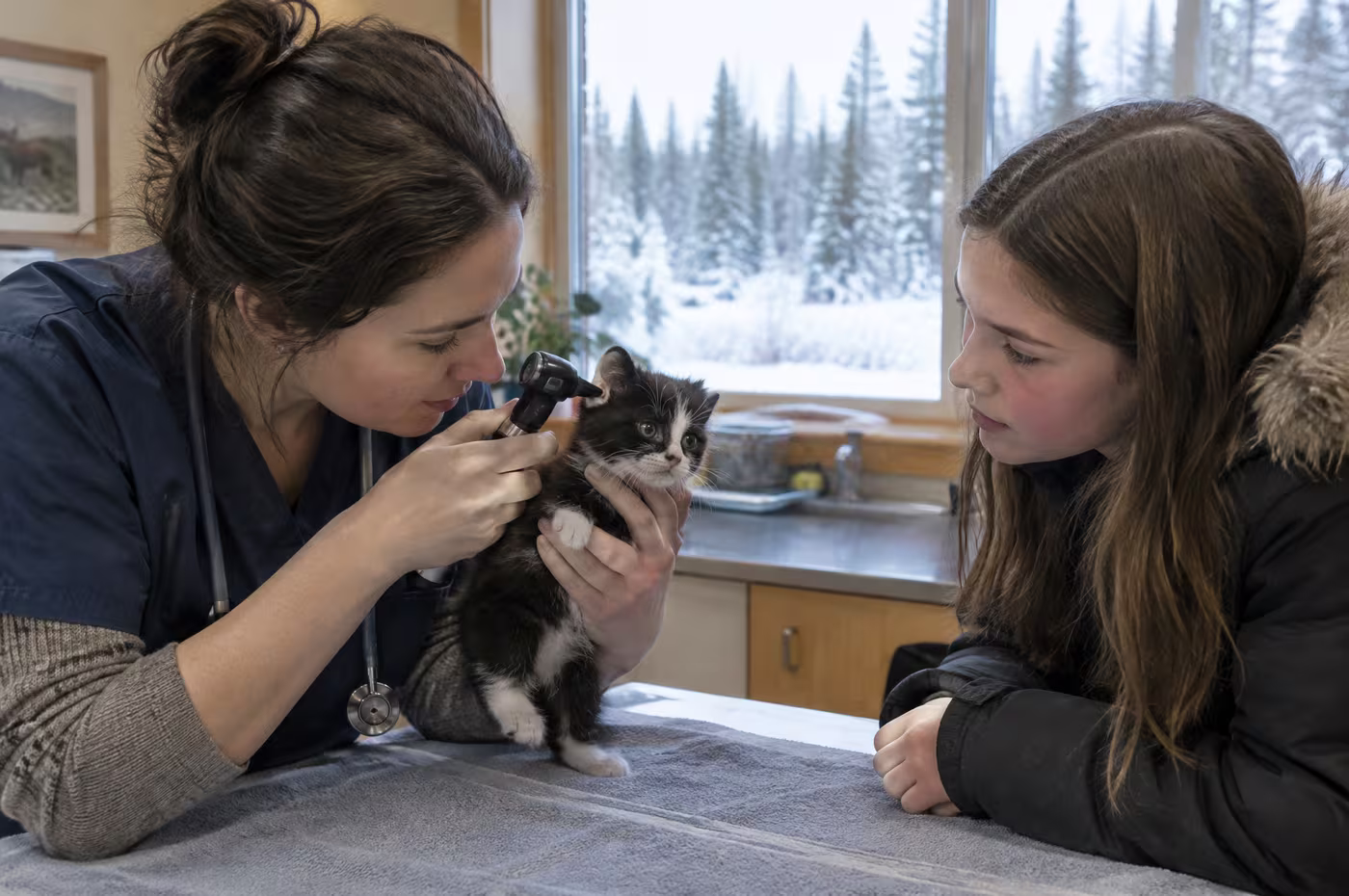 A vet checking a kitten's ear while its young owner watches across the table