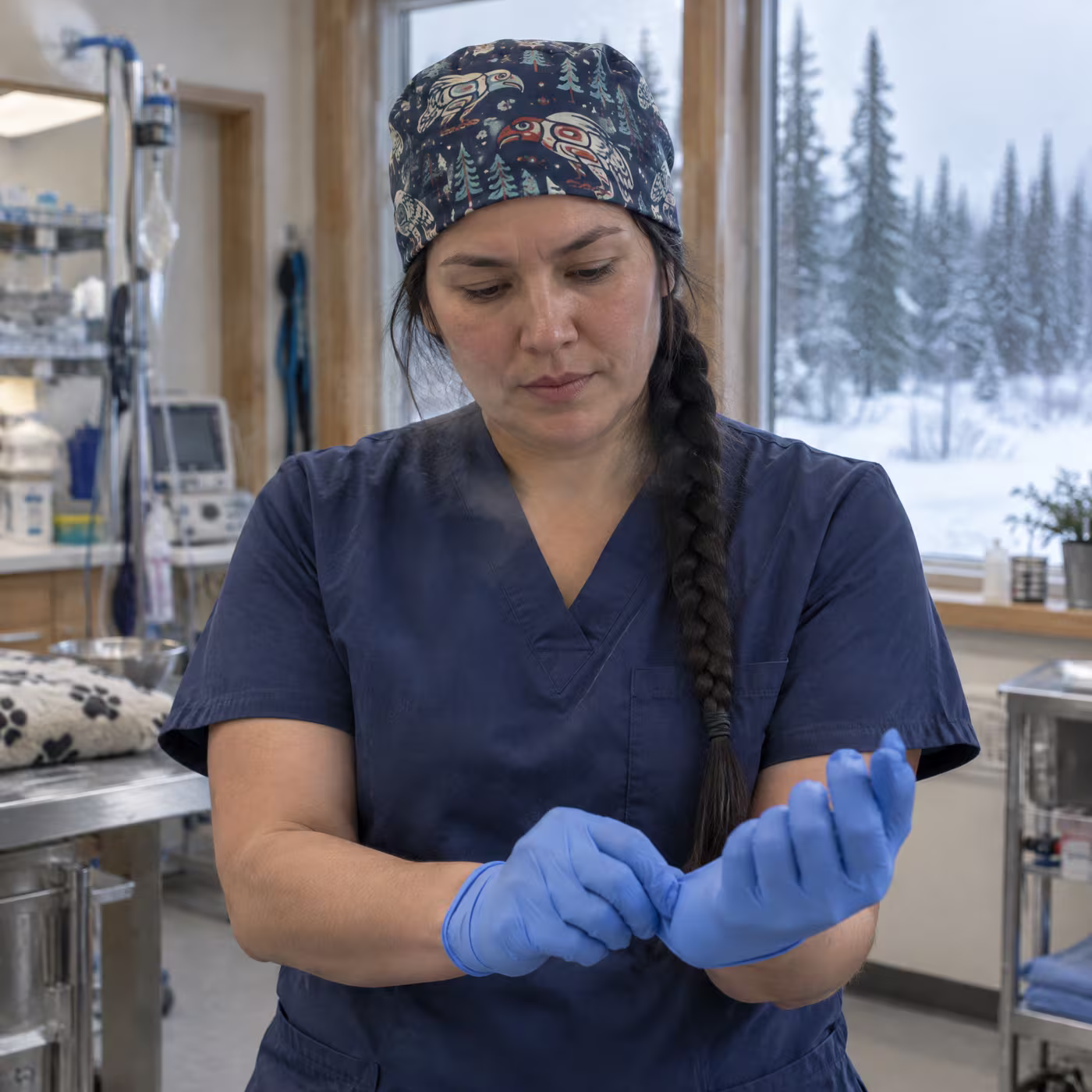 Dr. Leah Morin pulling on surgical gloves in the treatment room
