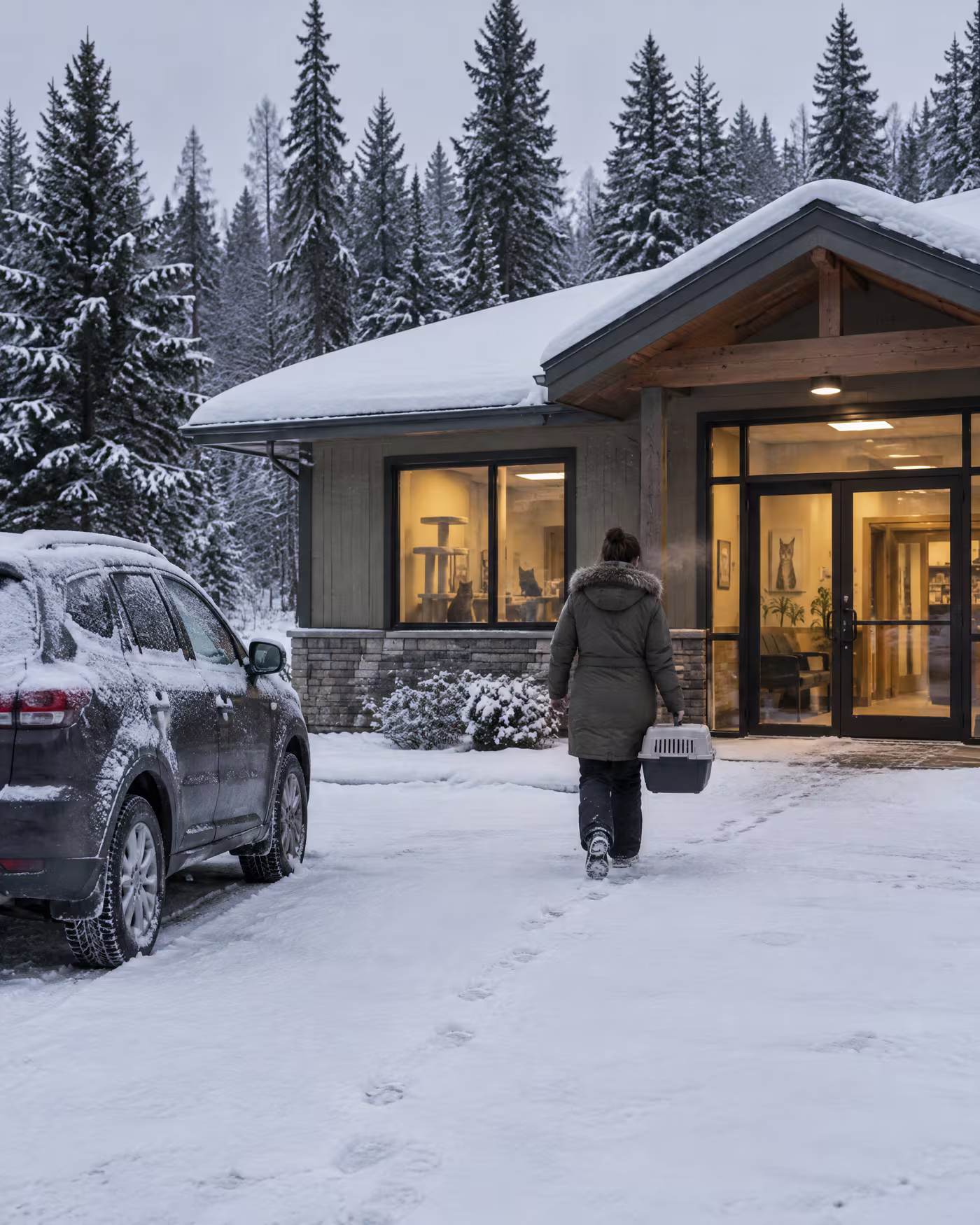 A client carrying a cat carrier across the snowy parking lot toward the lit front door