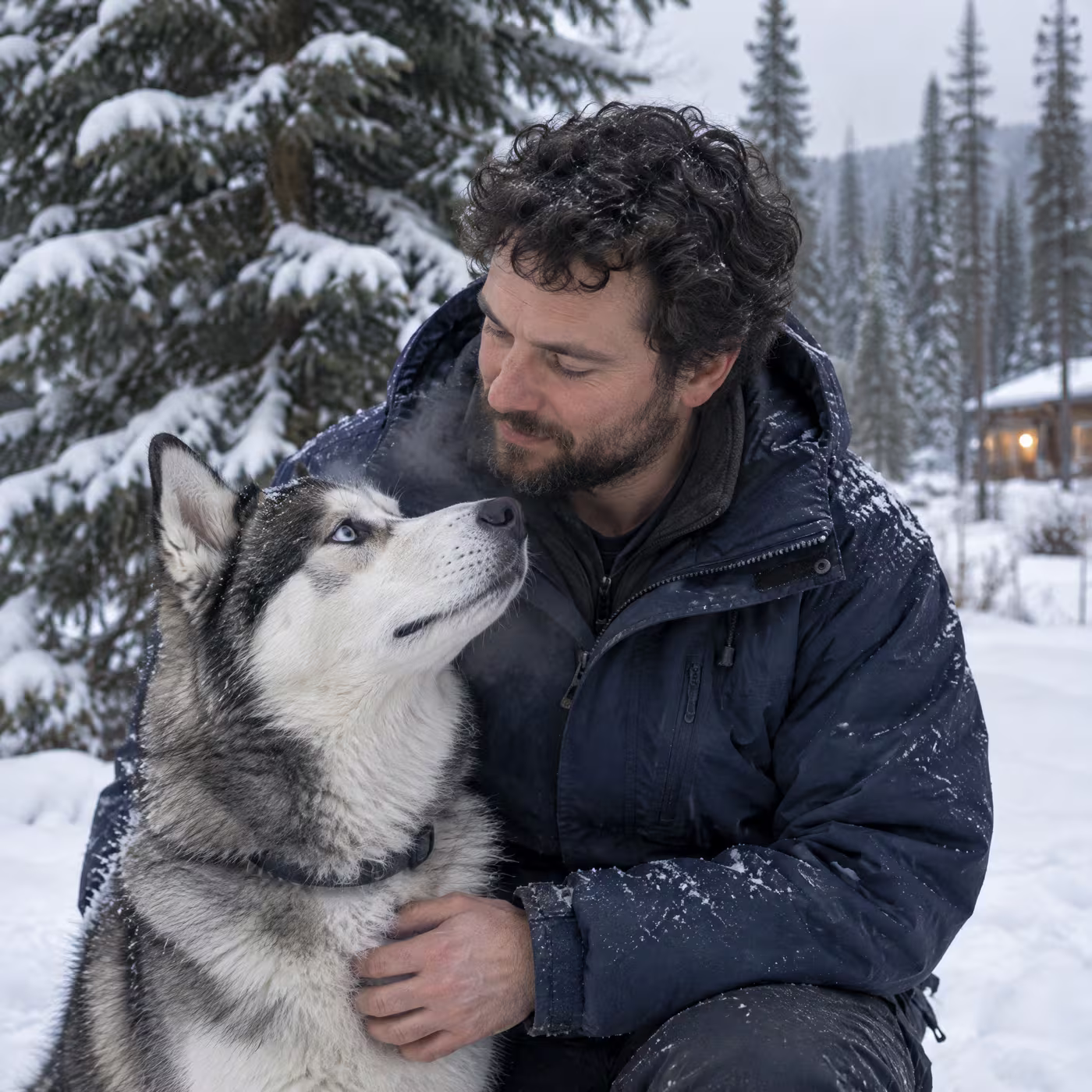 Dr. Owen Petrie kneeling in the snow with his hand on a husky's chest