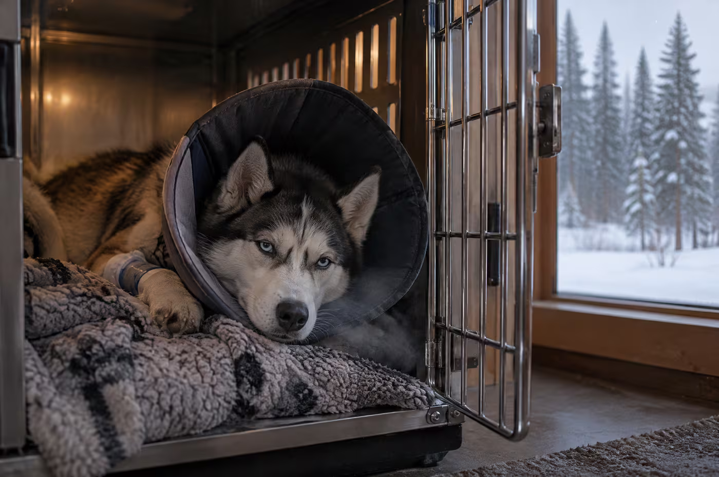 A husky in a soft recovery cone resting on a fleece blanket in a kennel