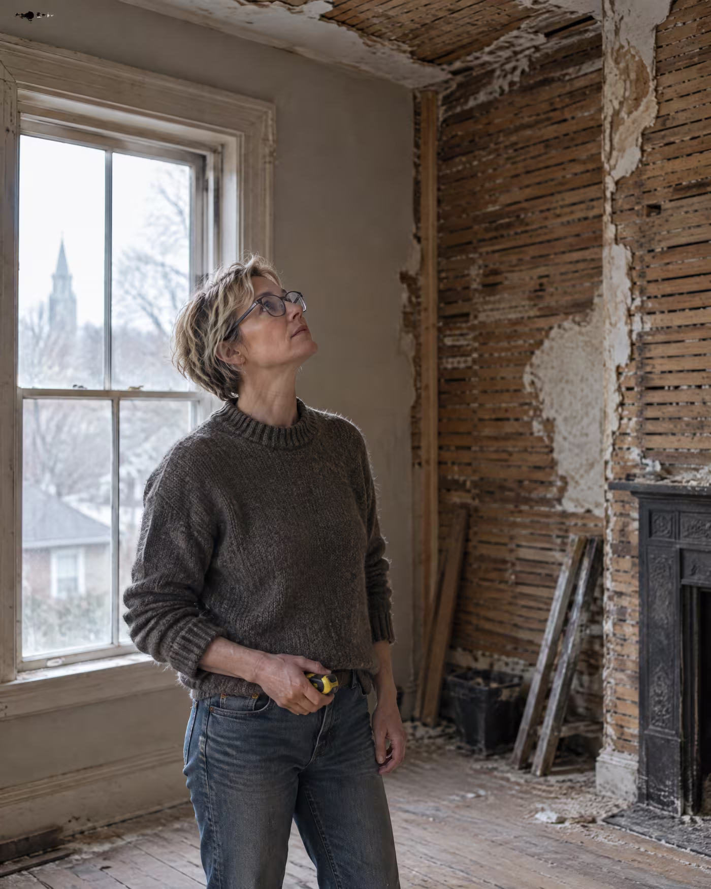 Anneke measuring a stripped-back front room where the old lath shows through the plaster