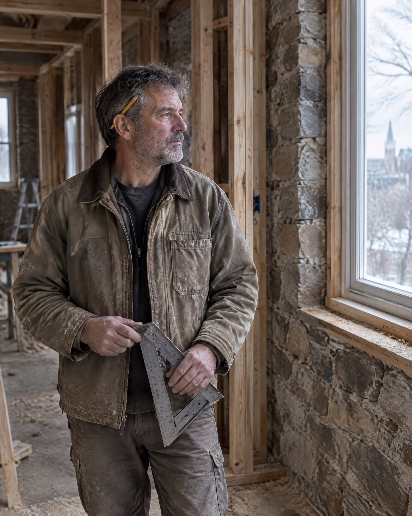 Callum, a grey-bearded carpenter holding a framing square in a half-framed room