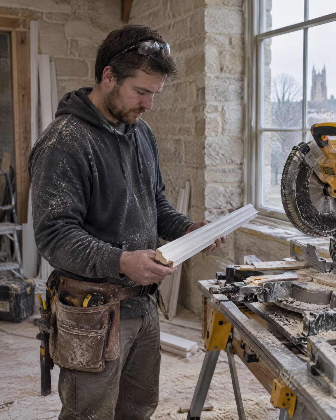 Joel checking a length of painted trim beside a mitre saw inside a limestone house