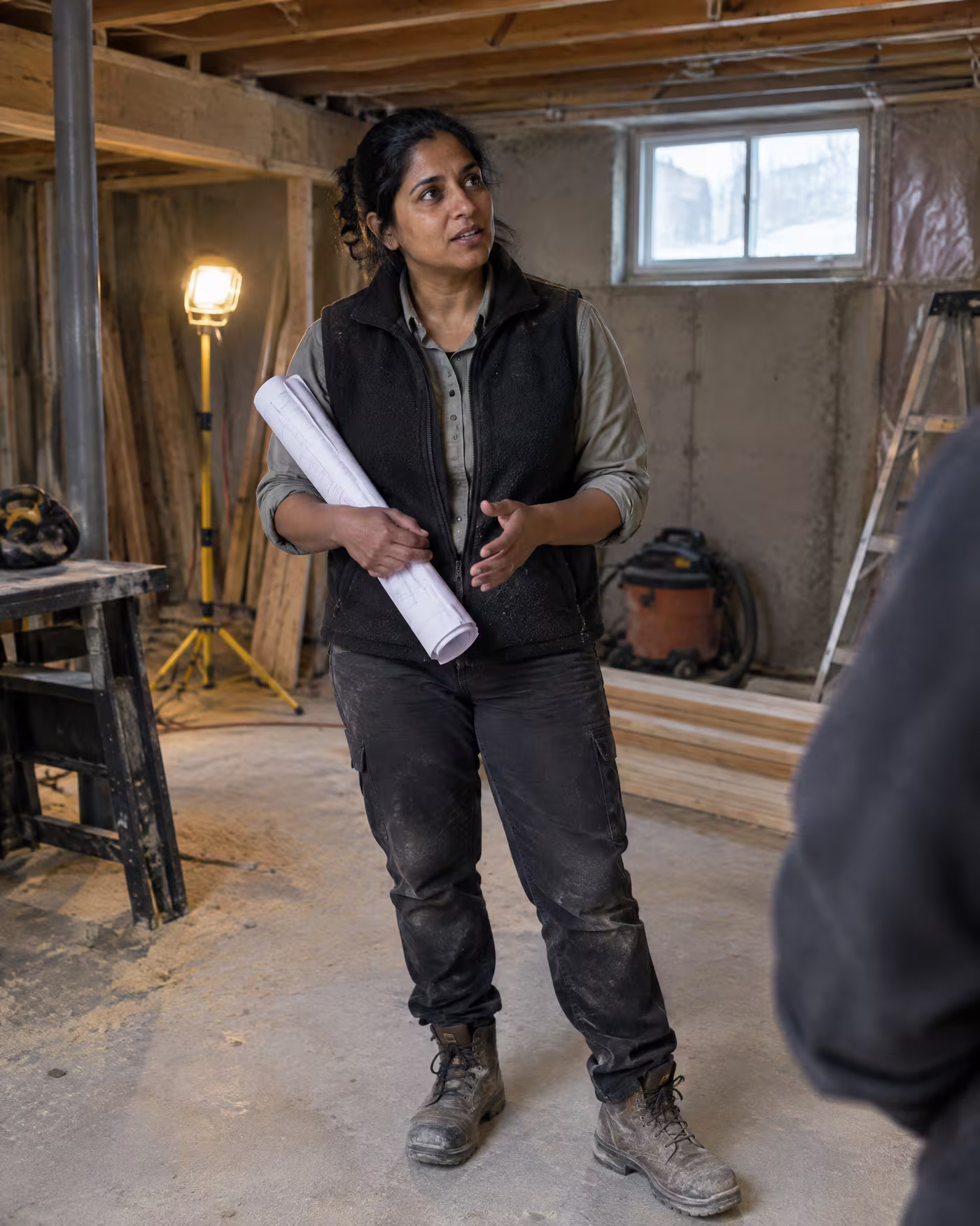 Priya holding rolled drawings in an unfinished basement with exposed joists
