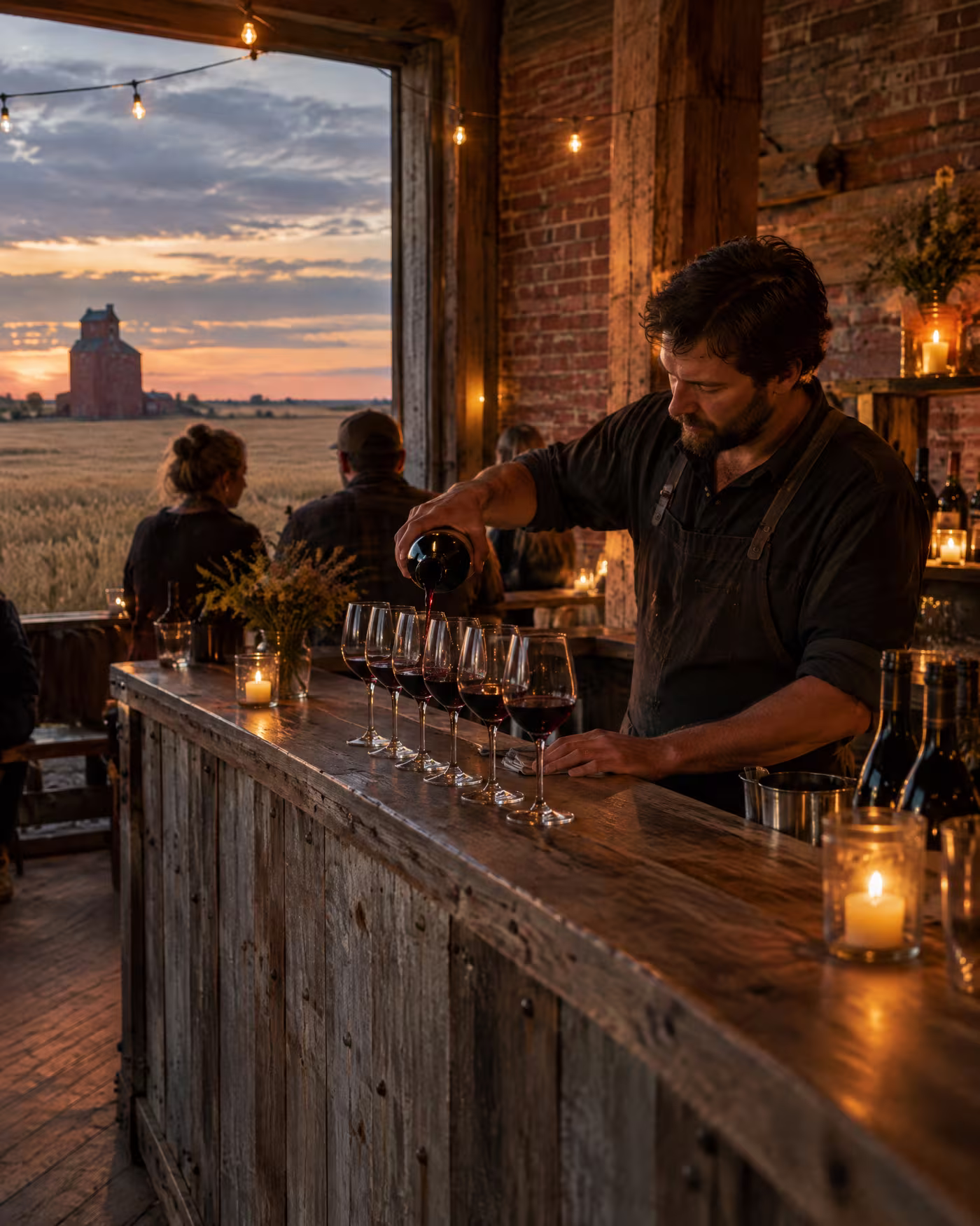 A bartender pouring red wine at a bar built from weathered grain bin boards