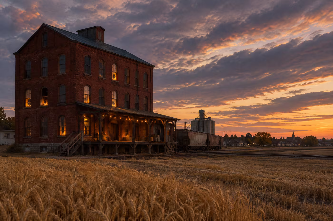 The red brick grain building beside the rail siding at dusk, a wheat field in front