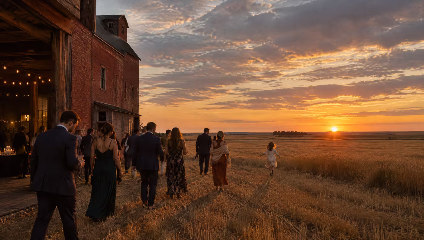 Wedding guests wandering into the harvested wheat field beside the building at sunset
