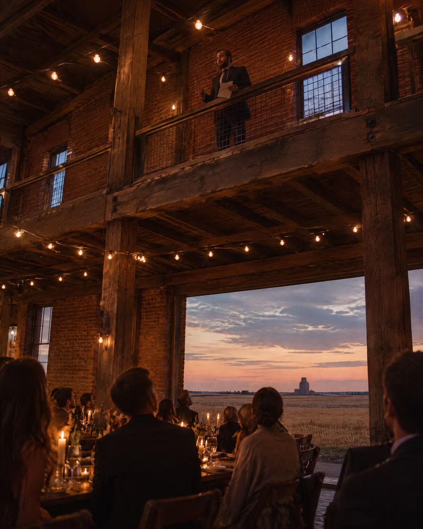 A speech given from the loft railing to the dinner tables below
