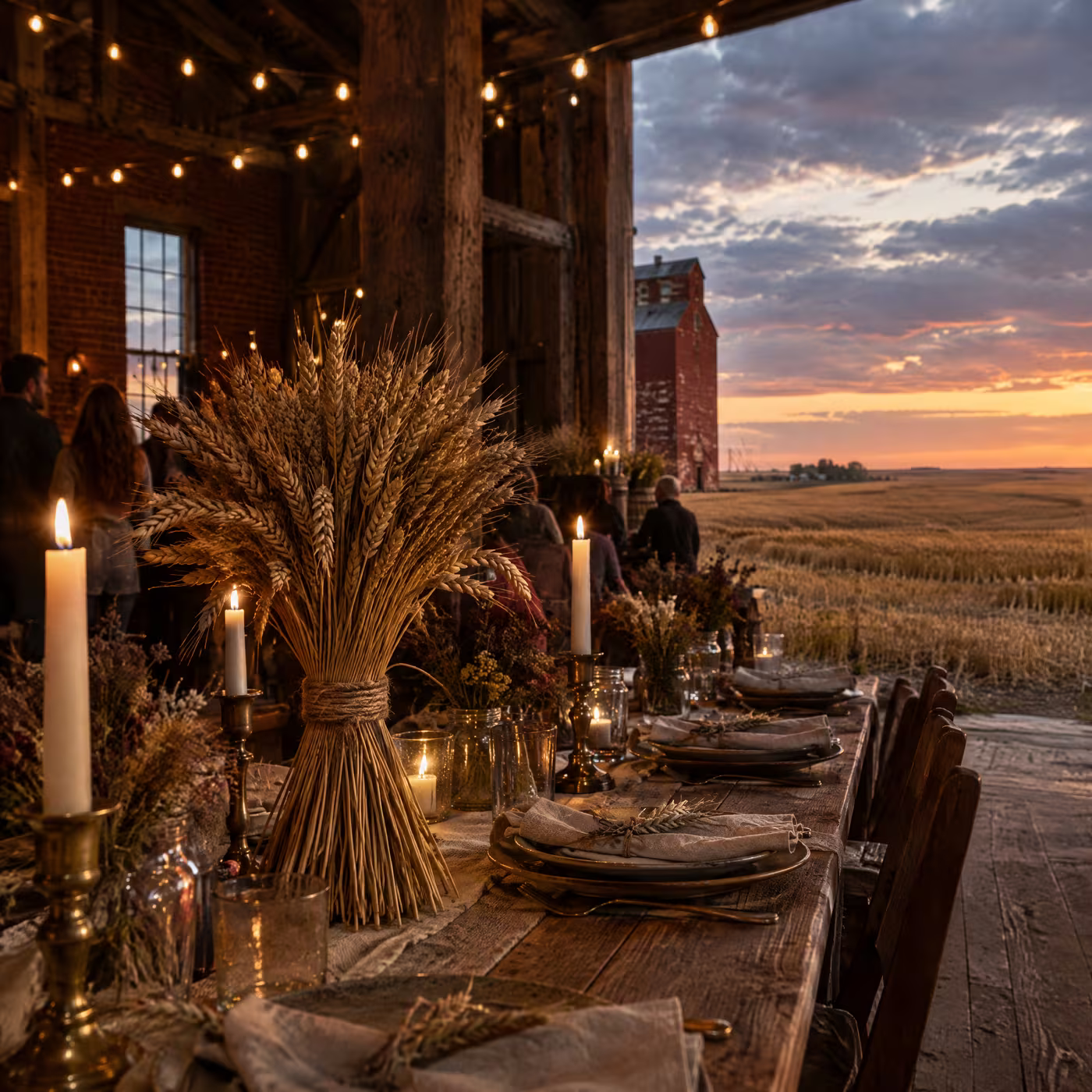A bundle of ripe wheat tied with twine as a centrepiece among stoneware plates