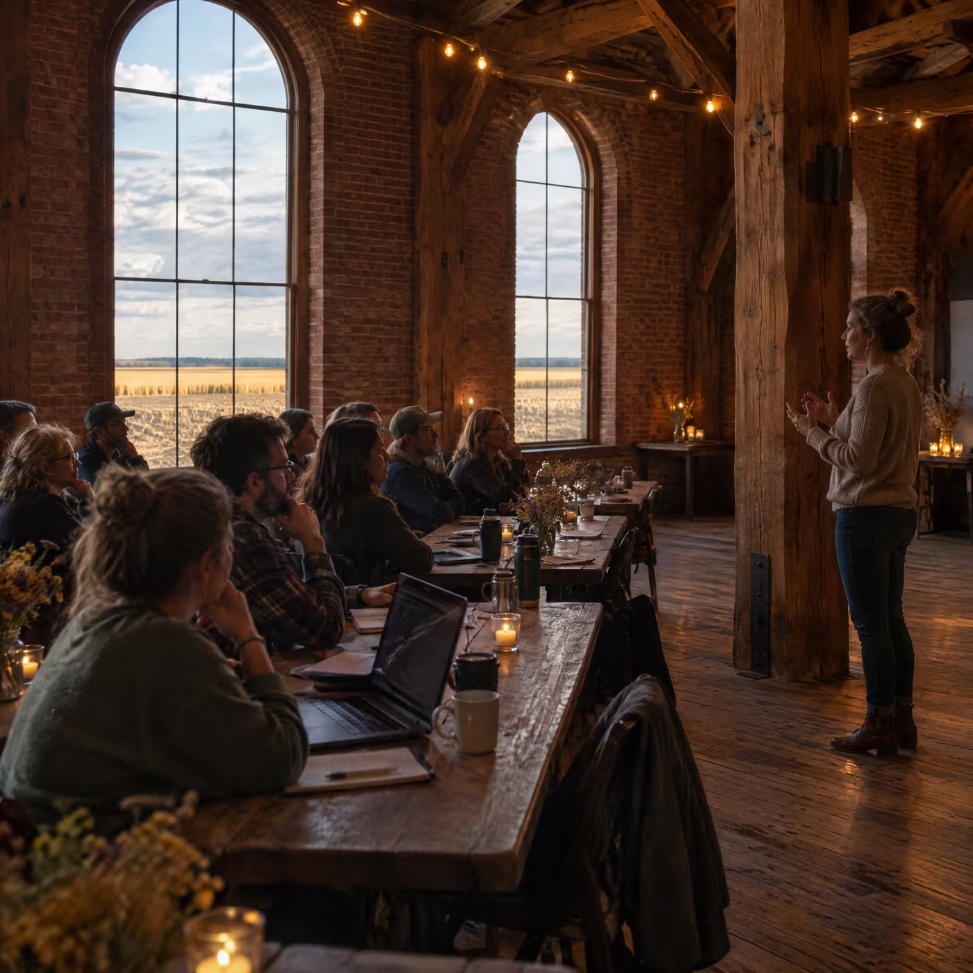 A weekday workshop at long tables in the hall, daylight from the arched windows