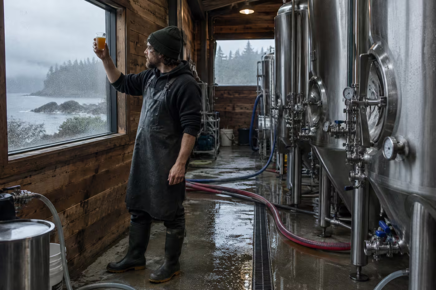A brewer holding a sample of amber beer up to the window beside steel fermentation tanks