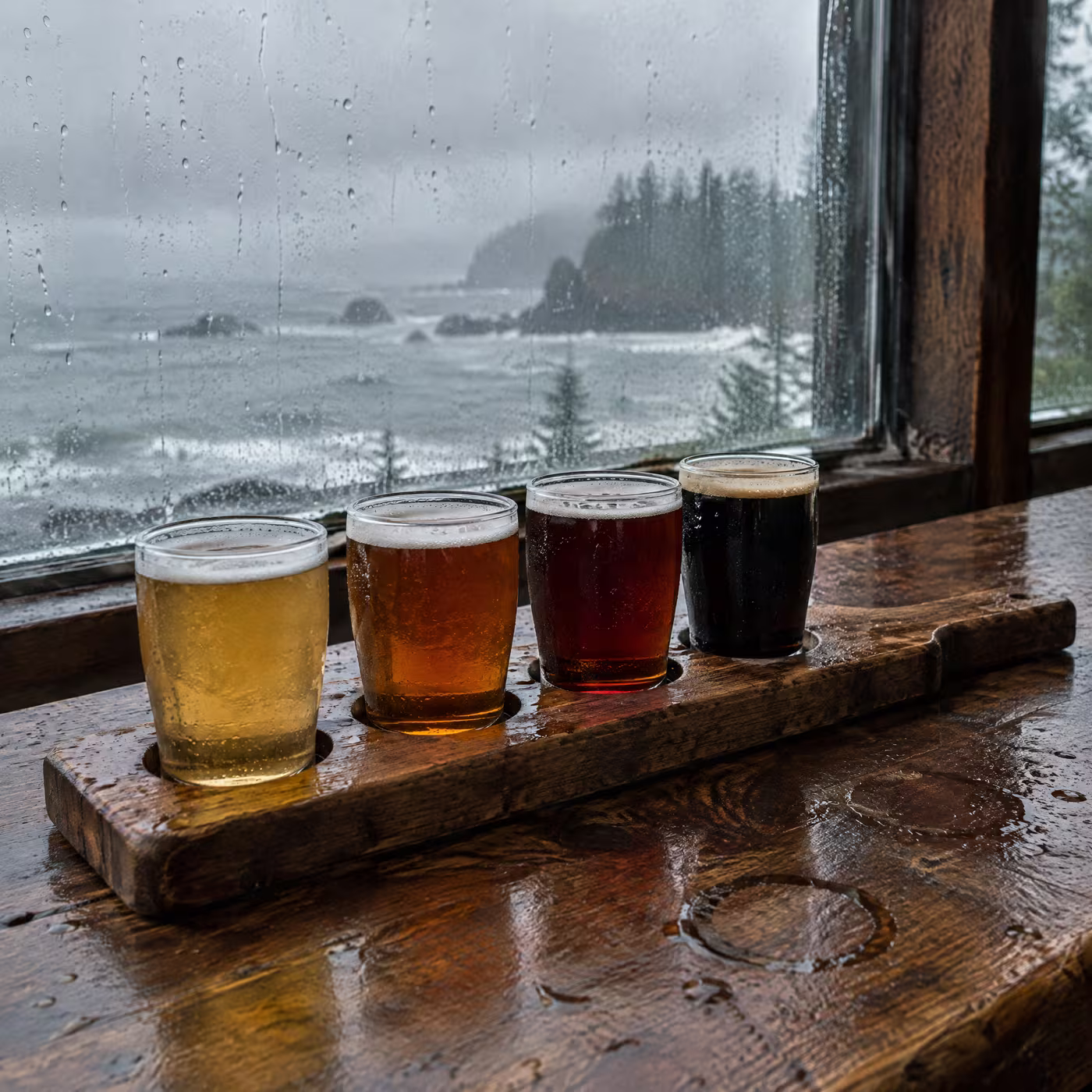 A tasting flight of four beers from gold to black on a cedar paddle