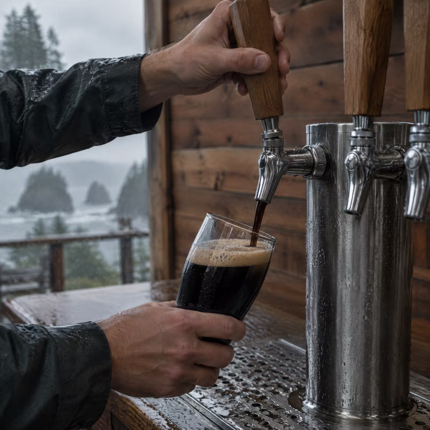 A bartender pulling a dark porter into a pint glass from a steel tap