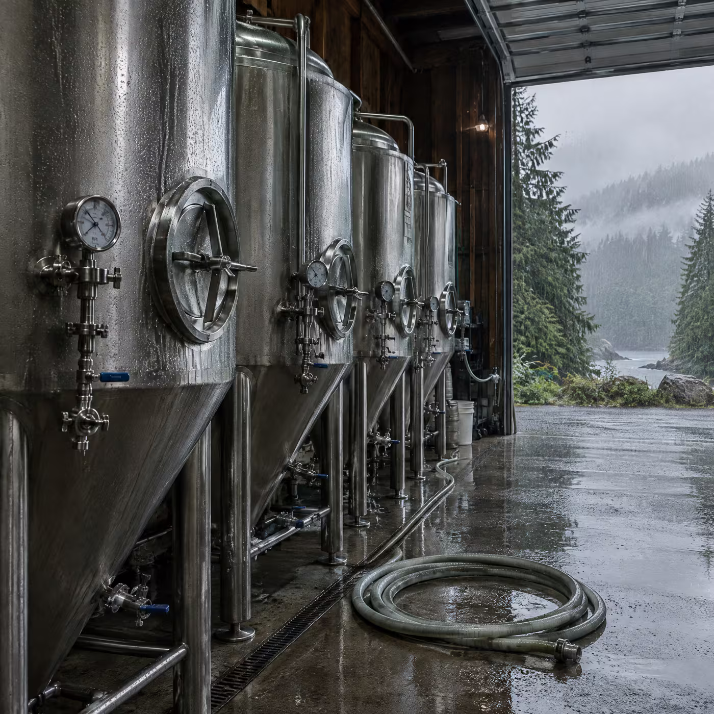 Steel fermentation tanks beside an open roll-up door with rain outside