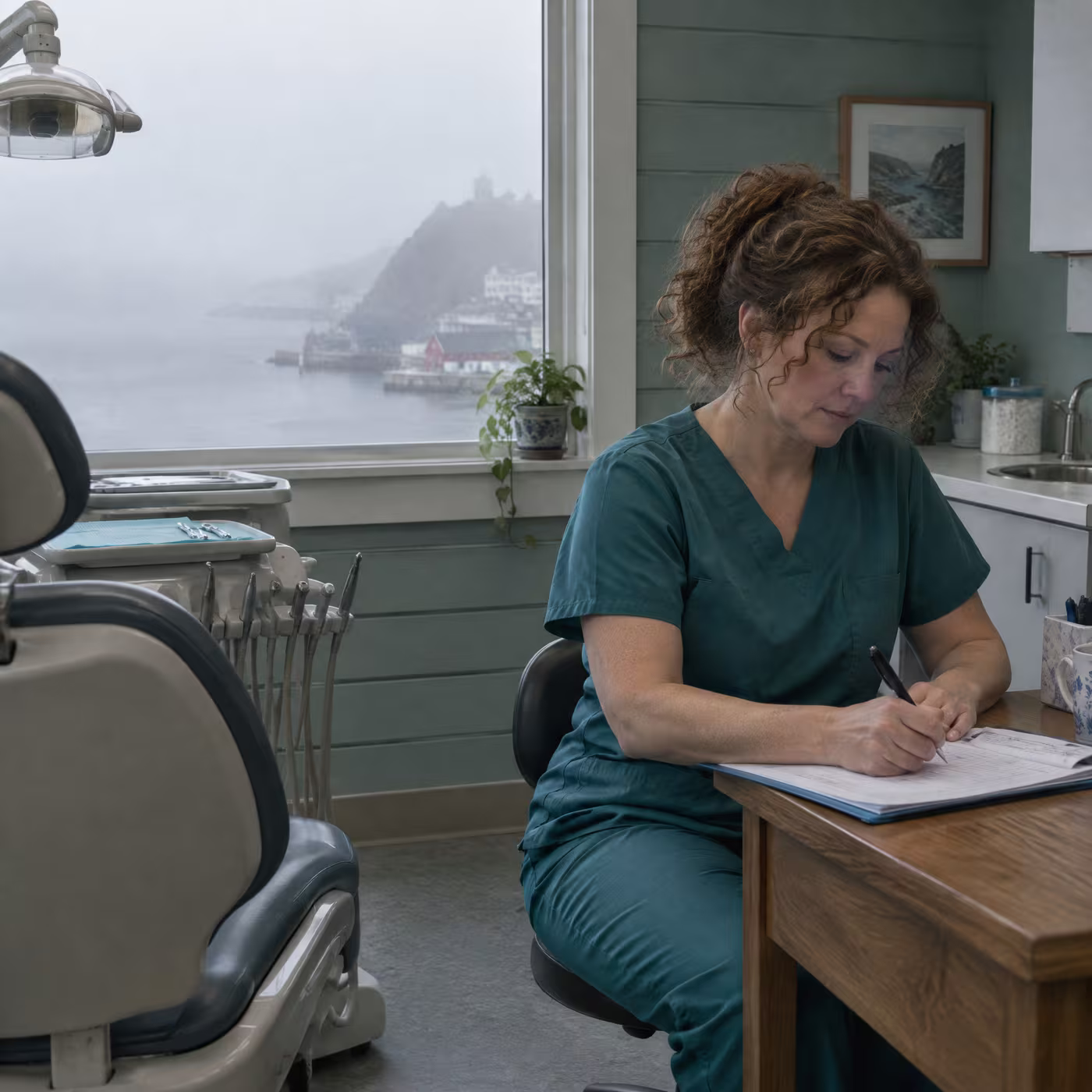 Hygienist Bridget Hanrahan writing notes on a paper chart beside a foggy window