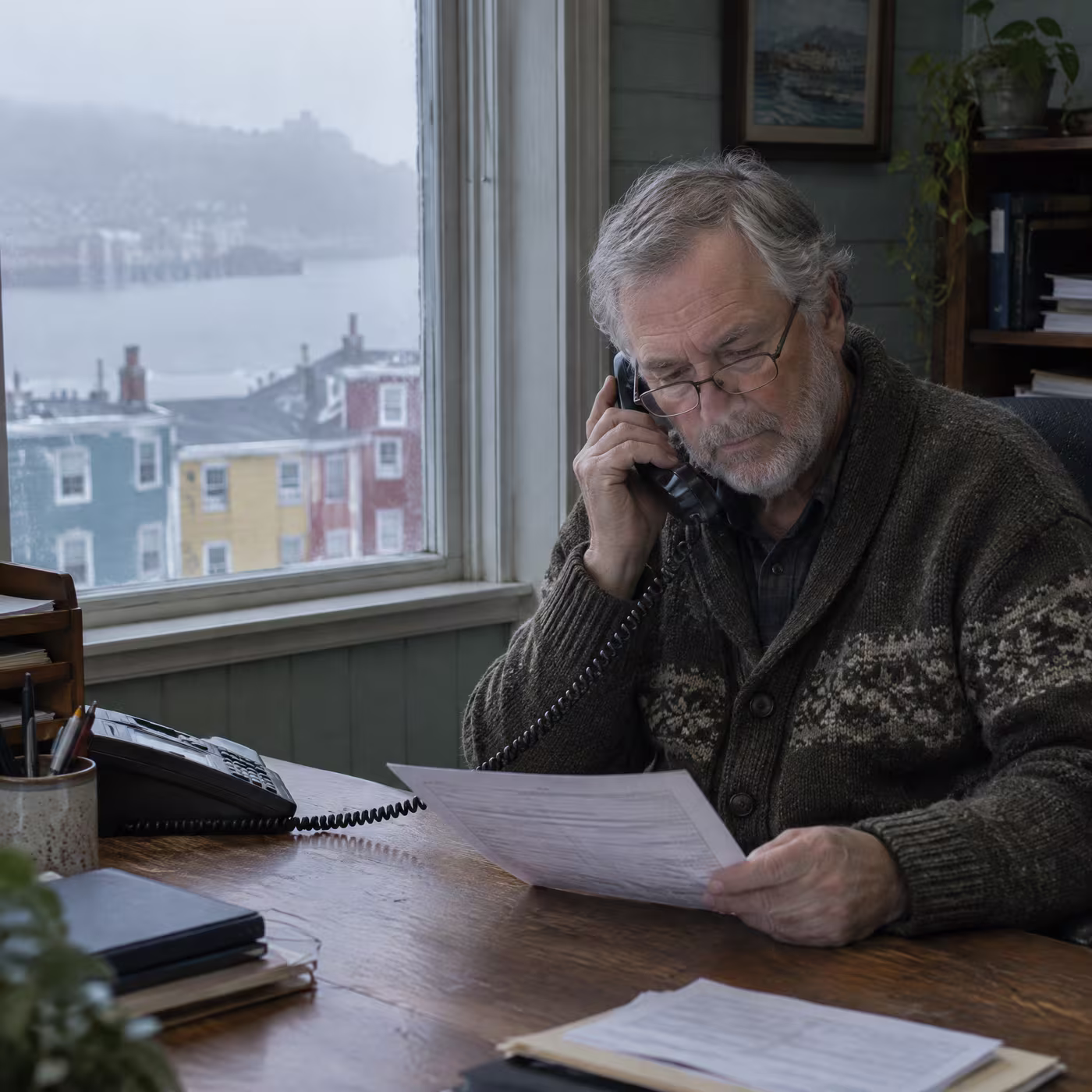 Des Whelan on the phone at the front desk, reading an insurance form