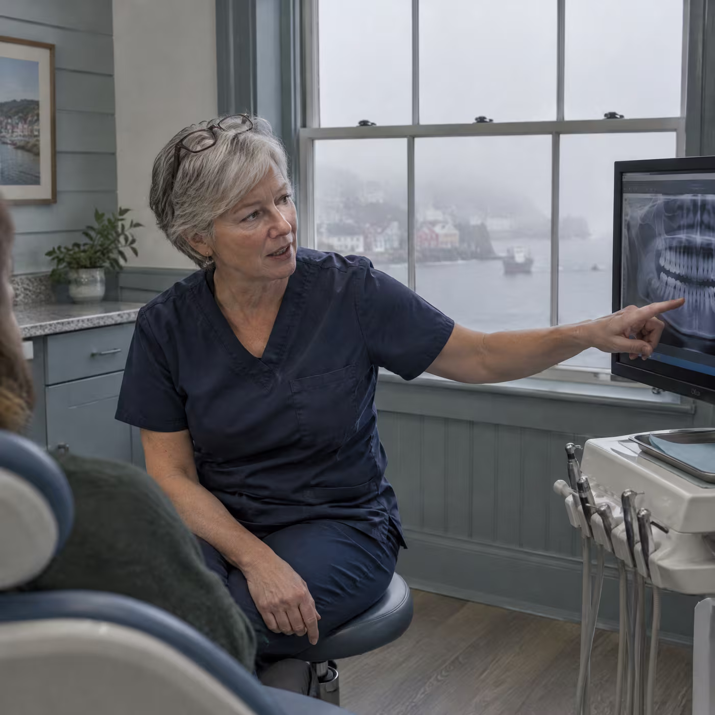 Dr. Nell Coady pointing to an x-ray on a monitor beside a dental chair