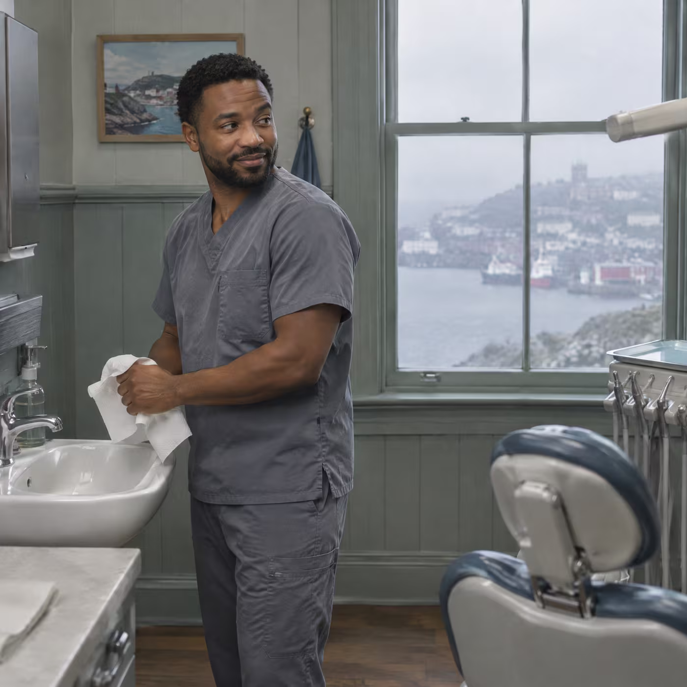 Dr. Sam Oyelaran drying his hands at a porcelain sink in a panelled treatment room