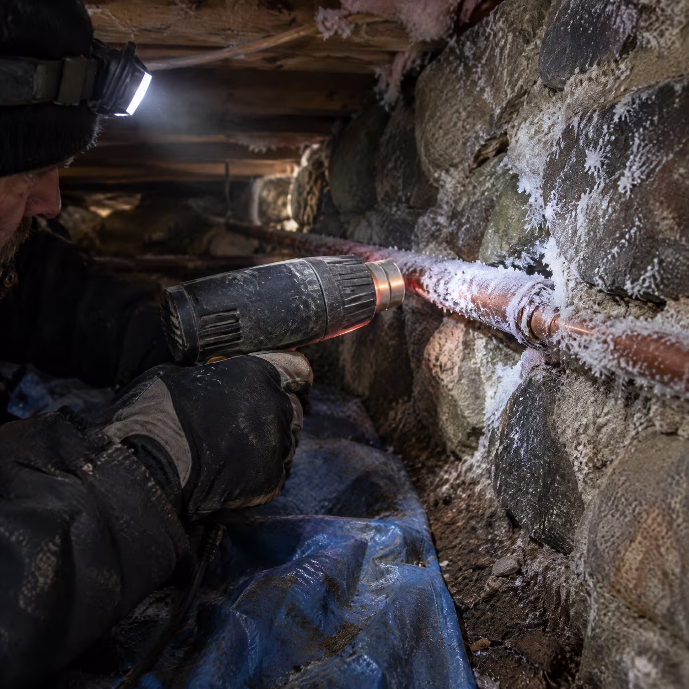 Gloved hands holding a heat gun to a frosted water line where it enters a stone foundation