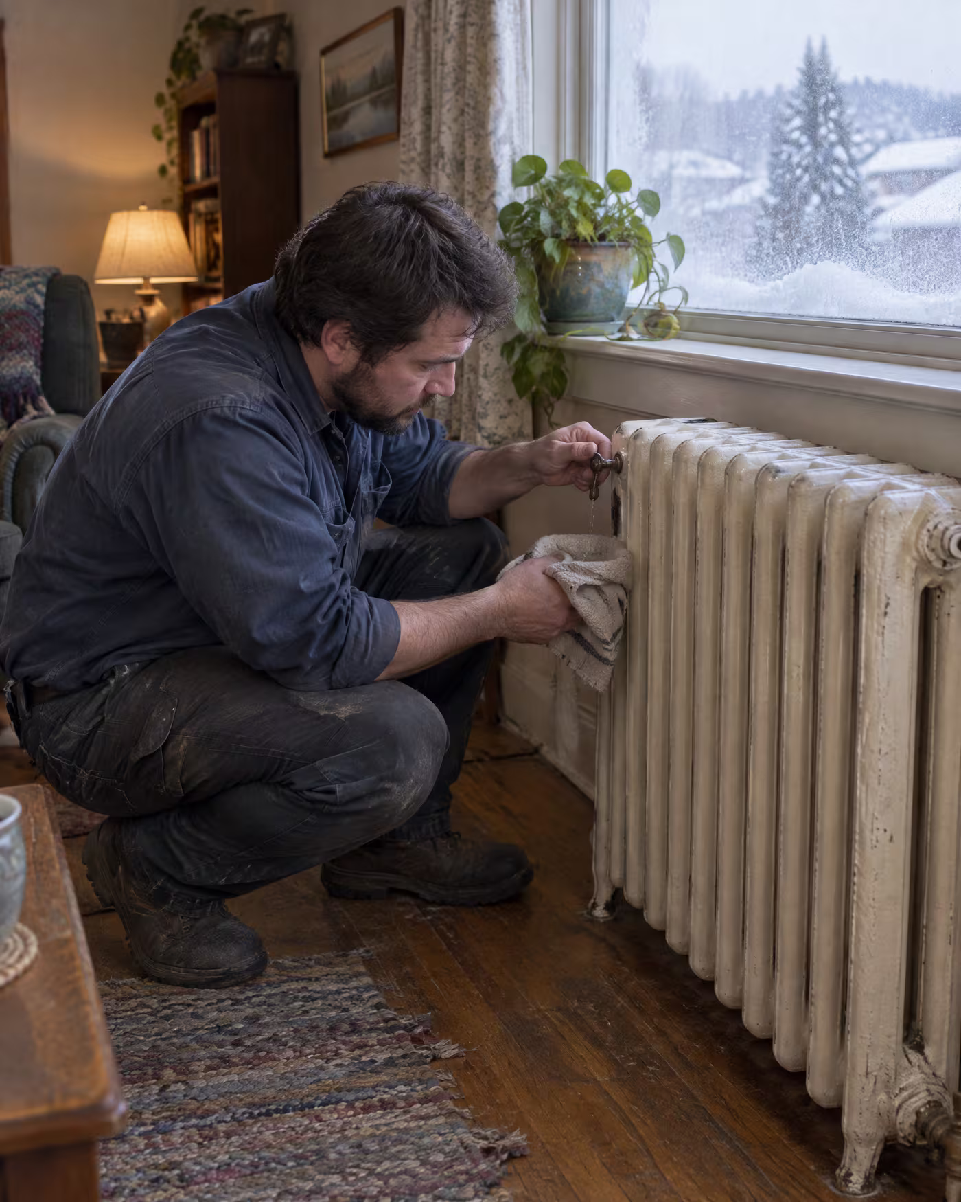 A plumber crouched at a cast iron radiator under a frosted window, bleeding it into a cloth