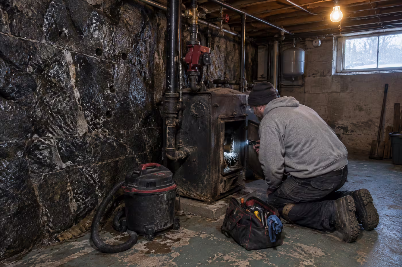 A plumber kneeling at an old cast iron boiler beside a basement wall of bare black granite