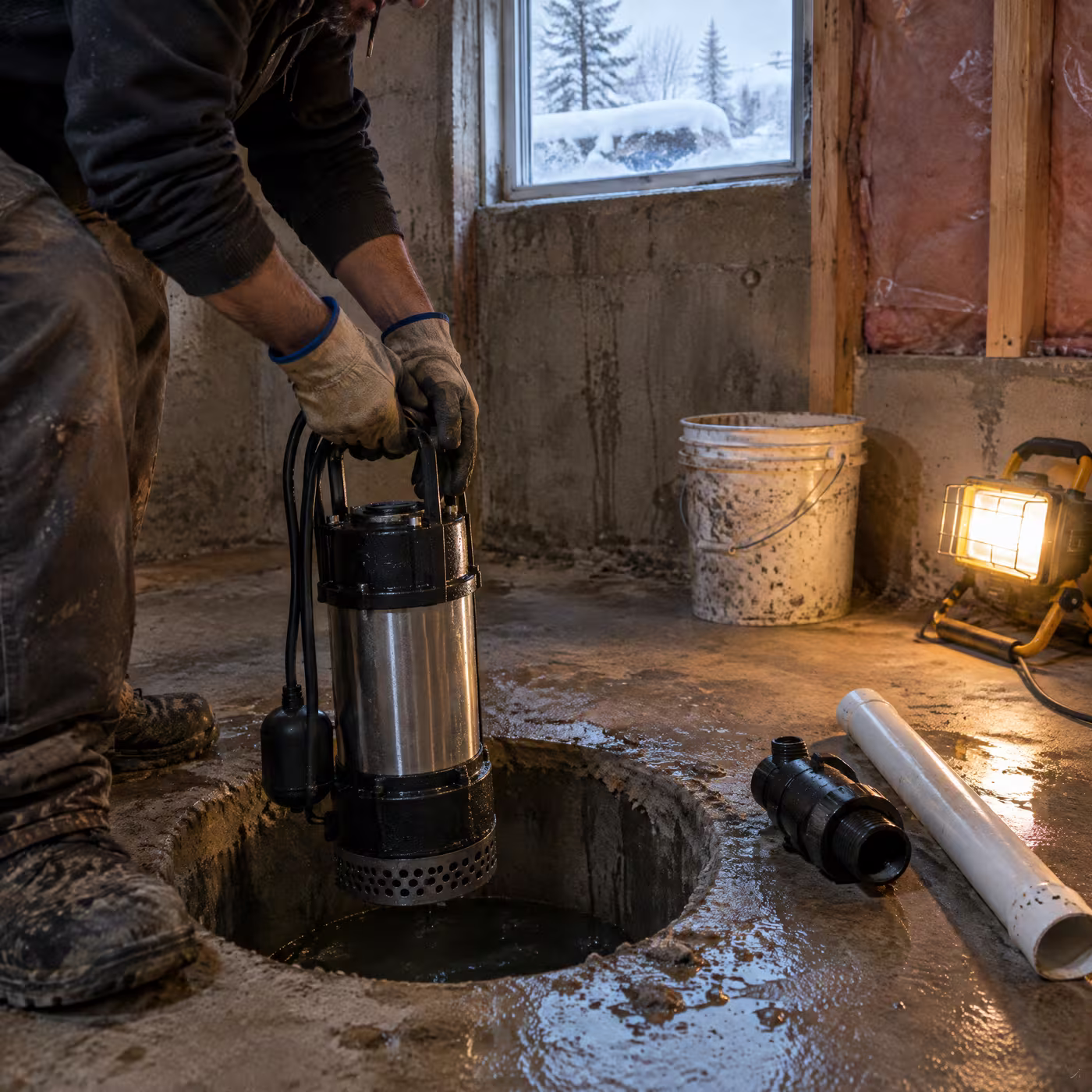 Hands lowering a new sump pump into a pit in a wet concrete basement floor