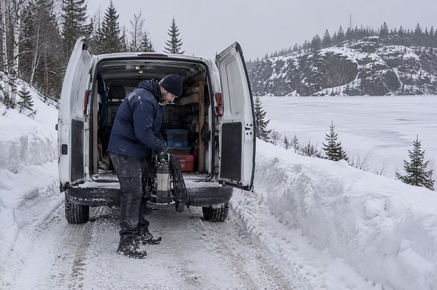 A white van with open doors in a plowed lane between snowbanks, a frozen lake and rock ridge behind