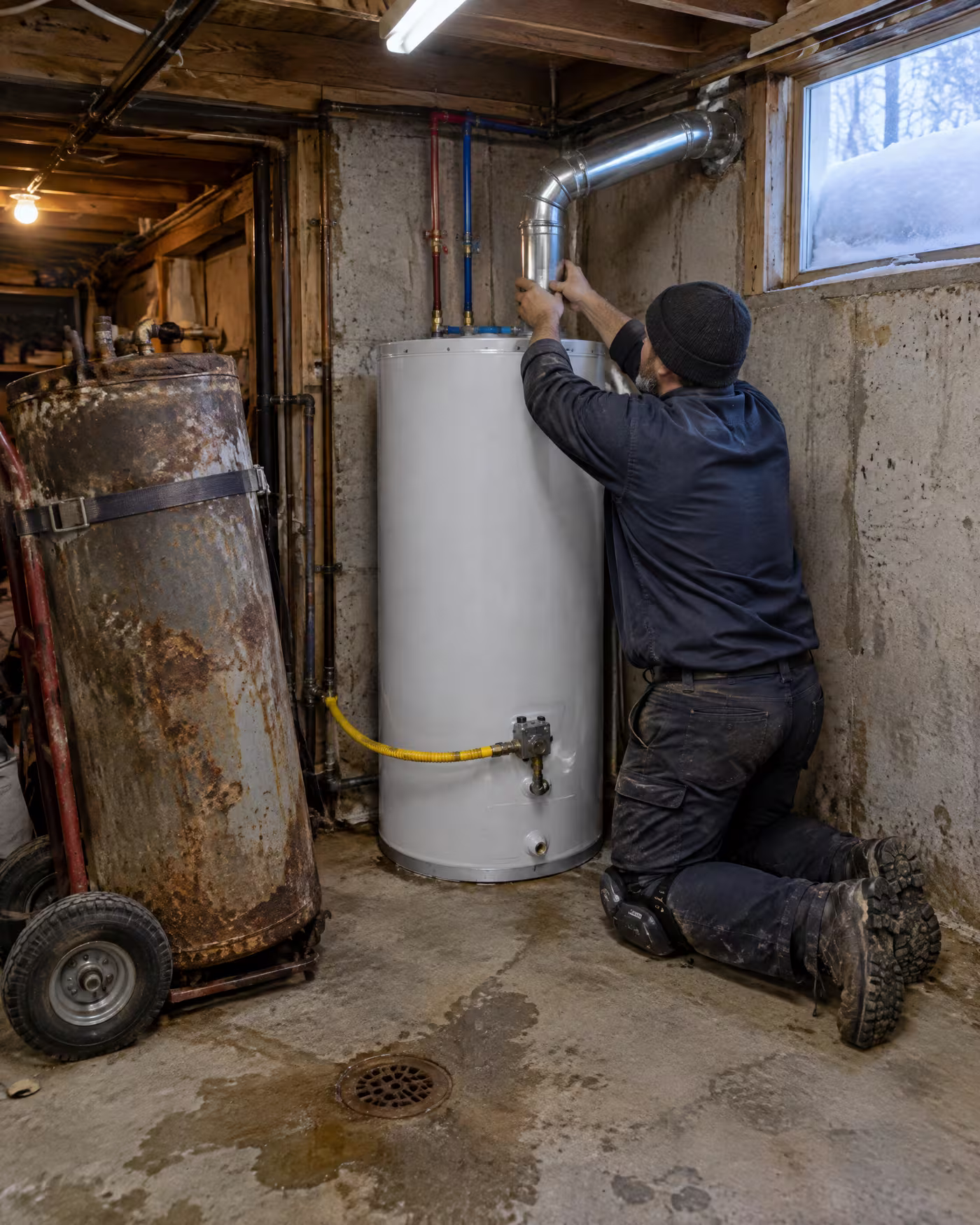 A plumber fitting a new tank water heater in a cramped basement, the rusted old tank on a hand truck