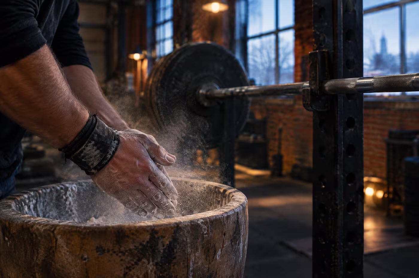 A lifter's calloused hands pressing into a wooden chalk bowl, chalk dust lifting in the light