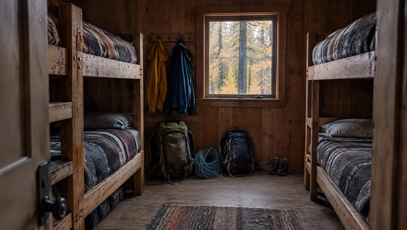 Timber bunk beds with wool blankets and a climbing rope coiled on the floor