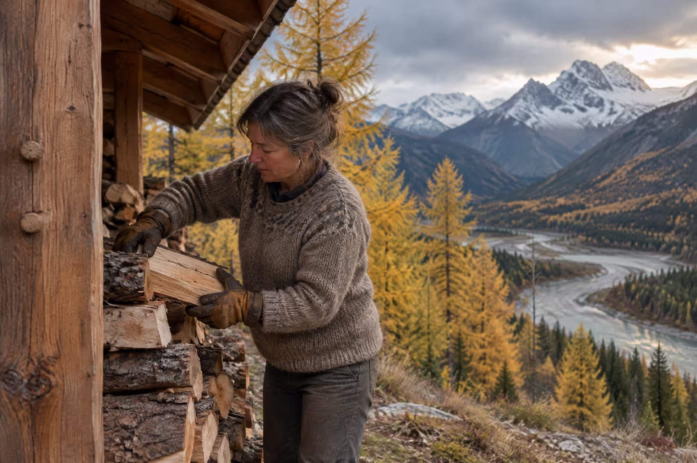 Ines stacking split firewood under the eave, beside a pegged fir post of the frame