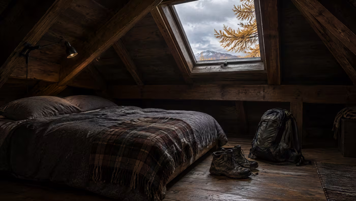 A Loft Room under timber roof trusses, with muddy hiking boots beside the bed