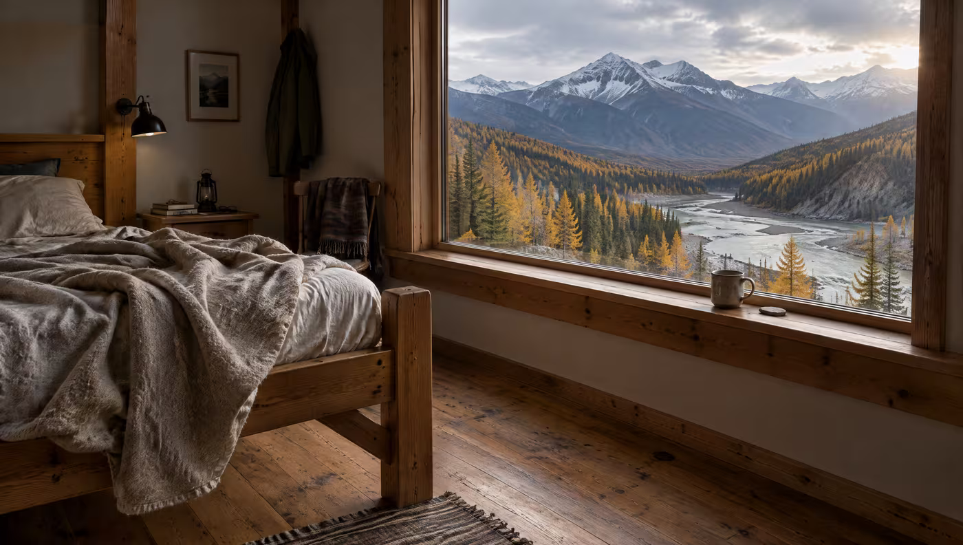 A River Room with a wool blanket on the bed and a window over the river and gold larches
