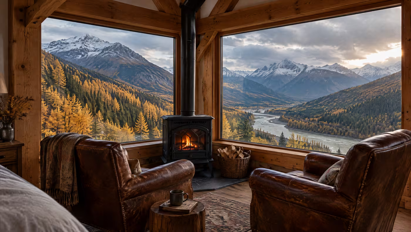 Two leather armchairs by a small woodstove in the corner suite, larches in the window