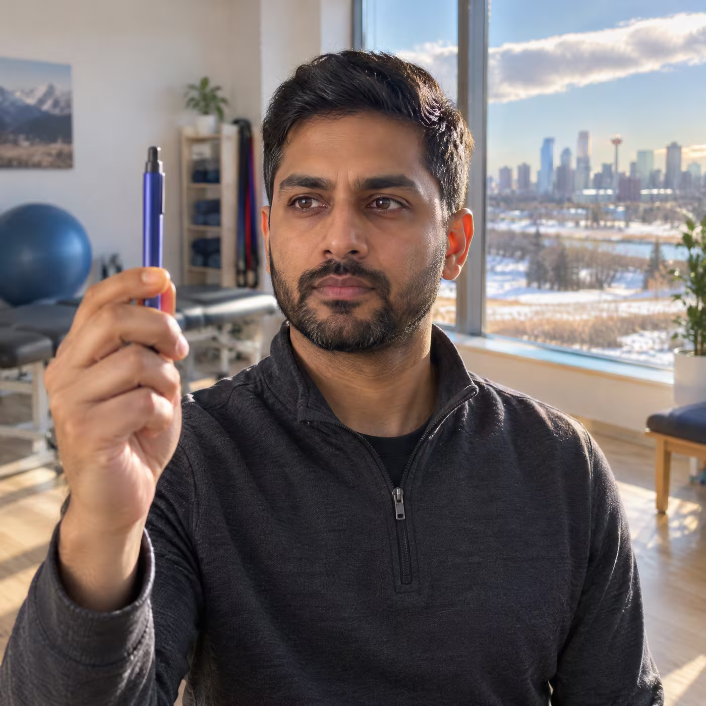 Physiotherapist Ravi Chandran holding up a pen for an eye tracking test